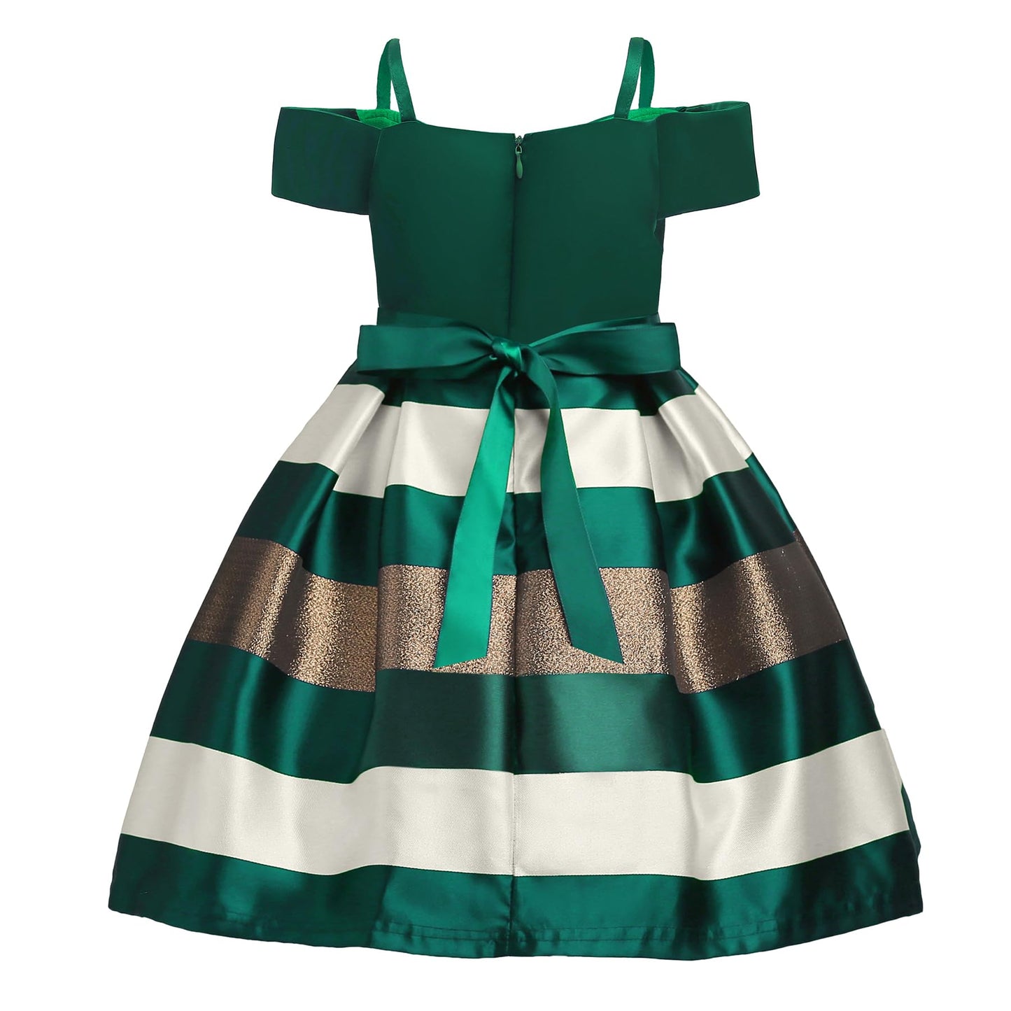 Nssmwttc Girls Off Shoulder Dress Kids Christmas Sunday Halloween Baptism Christening Ball Gown Stripe Dresses (Green,140)