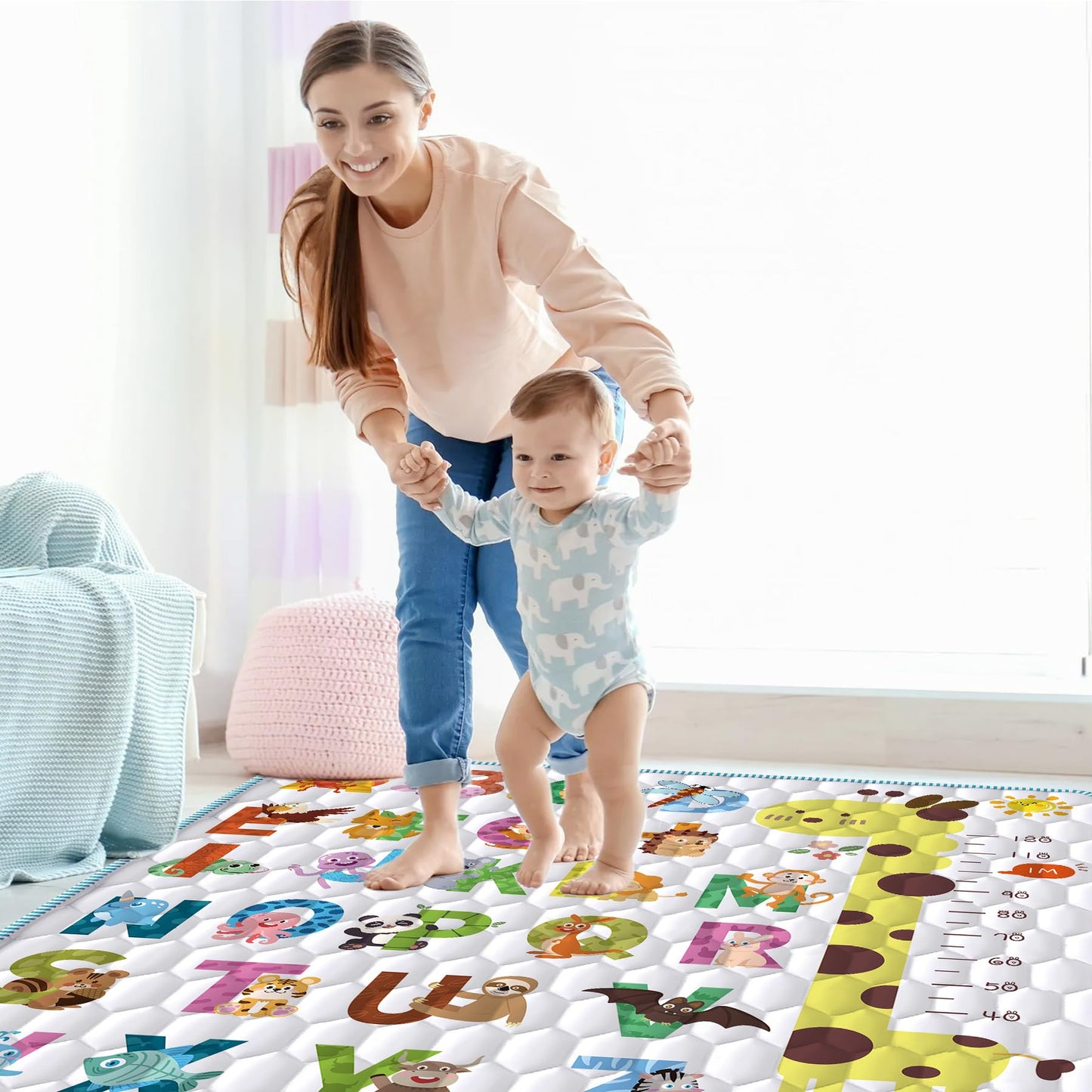 Baby Play Mat For Floor, 79X71 Extra Large Playpen With Giraffe Height Gauge, Non-Slip One-Piece Thick Crawling Mat For Babies A