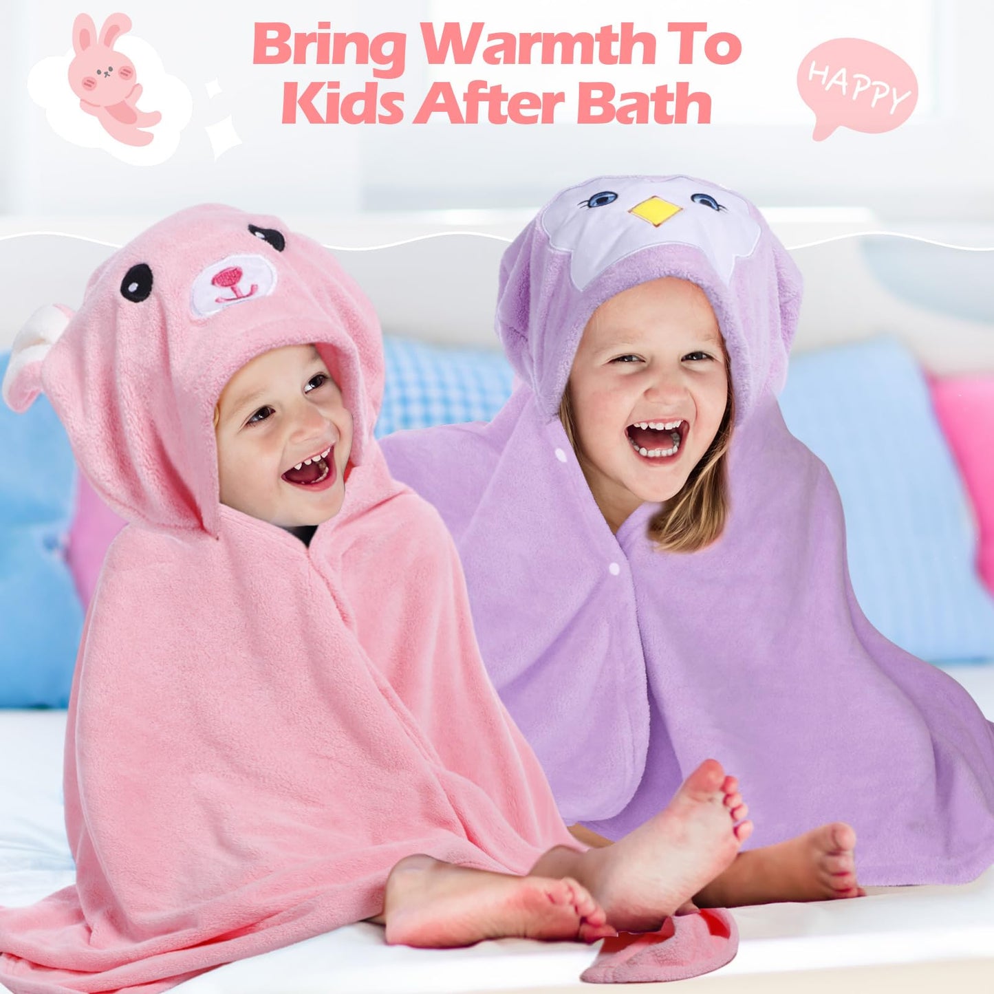 Preboun 2 Pcs Kid Hooded Bath Towel Toddler Towel 27.5 X 55'' Large Hooded Towel For Kids 3-10 Yrs Wrap Bathrobe Boy Girl(Light