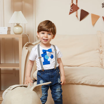 Pinleck Toddler Baby Boy Birthday Clothes Set Bowtie Romper Suspenders Ripped Denim Pants Outfits (Birthday Balloon-1Short, 6-12