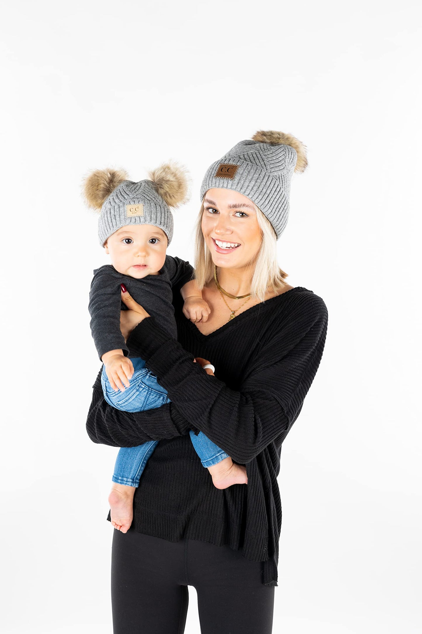 Funky Junque Baby Girl Winter Hat Double Pom Pom Beanie For Infants - Heather Grey