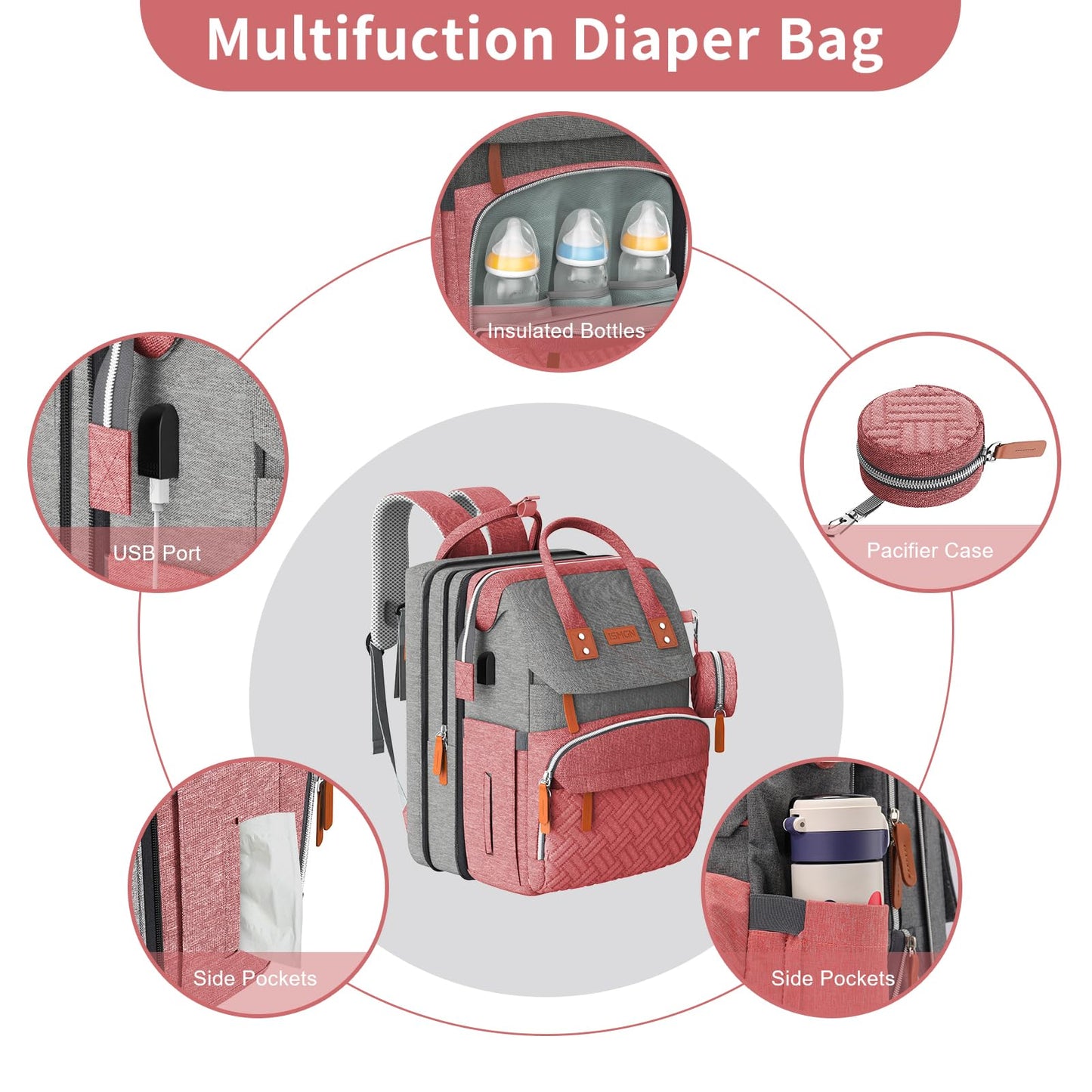 Ismgn Extra Large Diaper Bag Backpack, Multifunctional Diaper Bag, Expandable Diaper Bag, G Pinkgrey