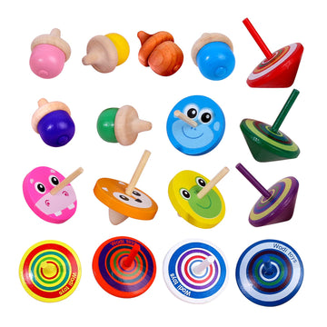 Wodi Wooden Spinning Tops, 17 Pcs Wood Novelty Gyroscopes, Kids Handmade Painted Spinner, Kindergarten Toys, Vintage Craft Spin