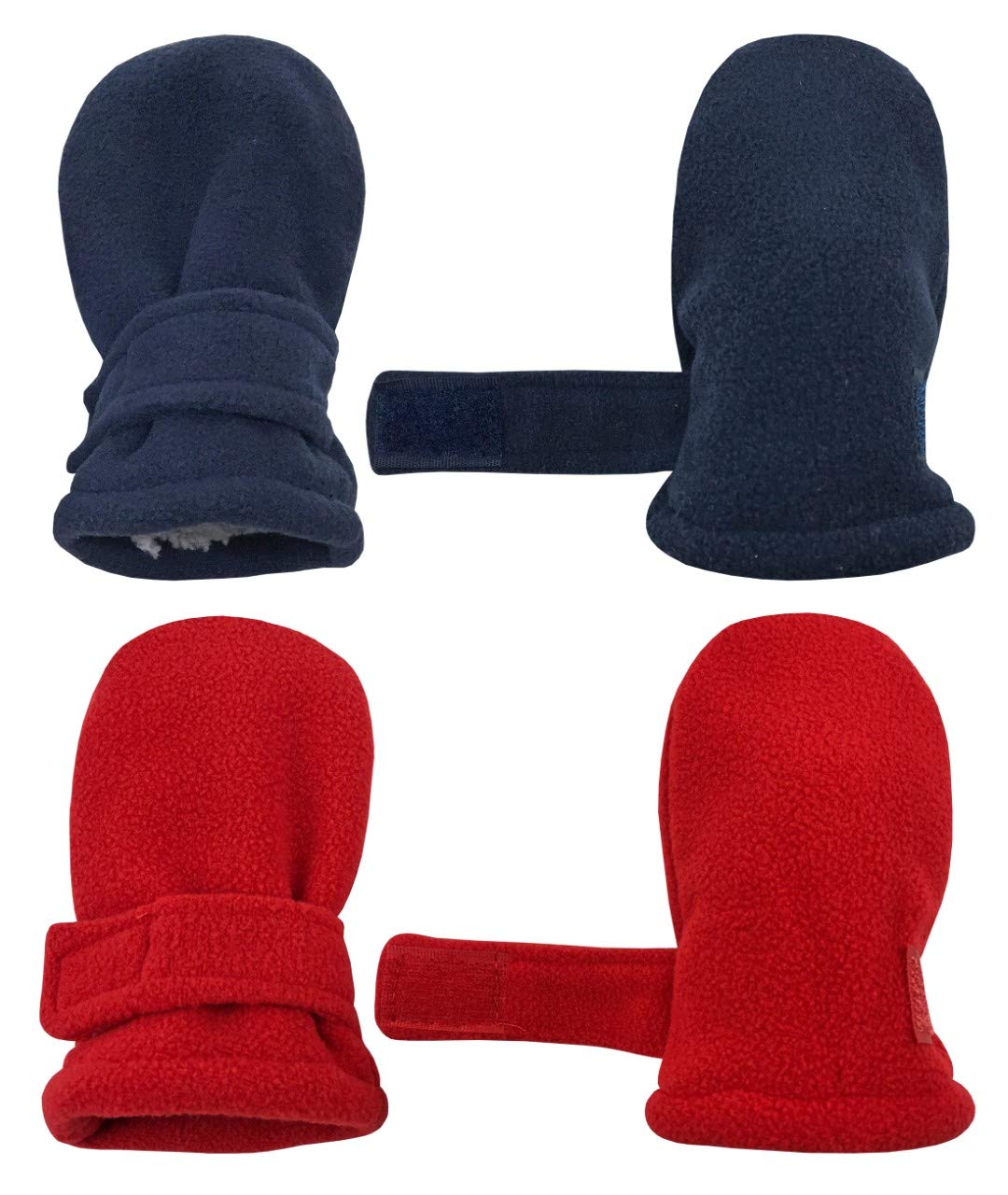 N'Ice Caps Baby Toddler Mittens Kids 2 Pairs Fleece Gloves Winter Warm Sherpa Lined (Navy/Red - Infant No Thumbs, 6-18 Months)