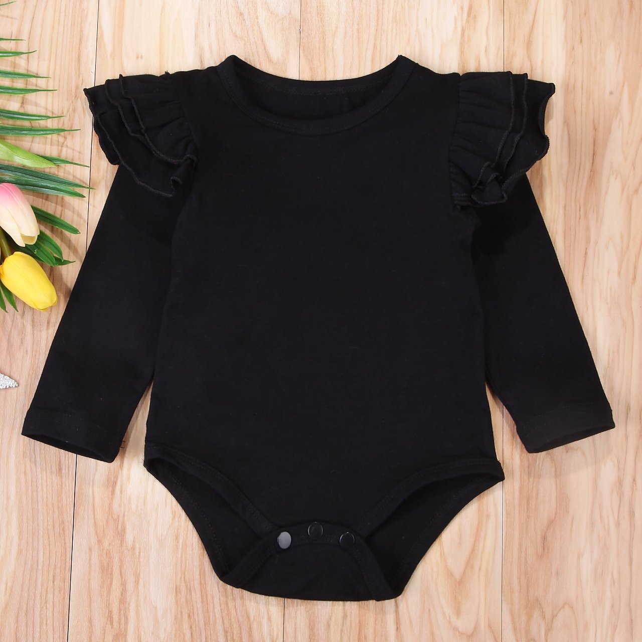 Infant Baby Girl Basic Ruffle Long Sleeve Cotton Romper Bodysuit Tops Clothes (Black, 0-3 Months)