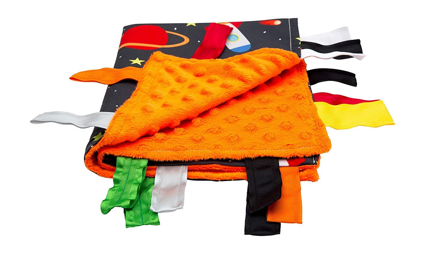 Baby Sensory, Security & Teething Closed Ribbon Tag Lovey Blanket with Minky Dot Fabric: 14X18 (Outer Space)