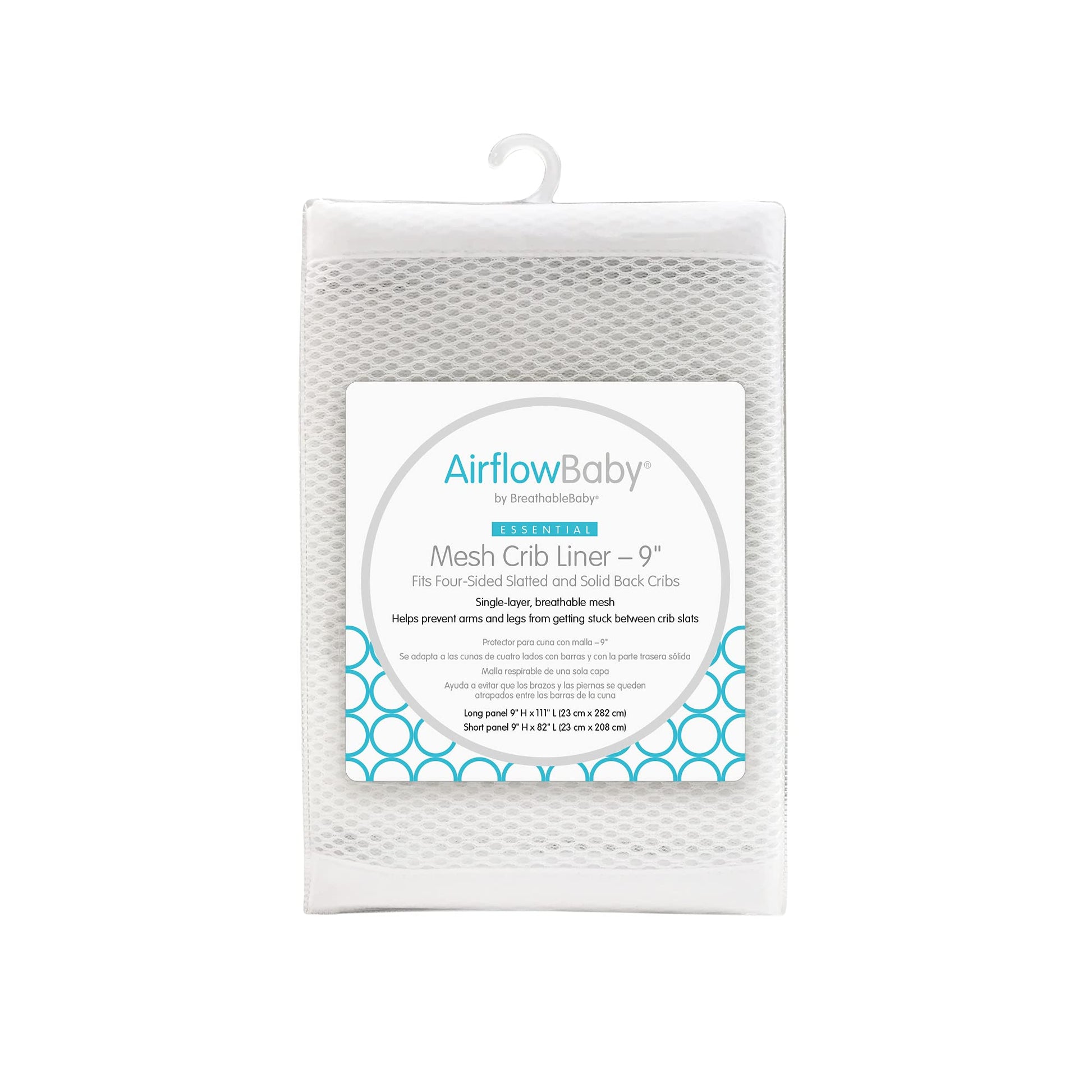 Airflowbaby Breathable Mesh Liner For Full-Size Cribs, 9'H (23Cm) Essential 2Mm Mesh, White (Size 4Fs Covers 3 Or 4 Sides)