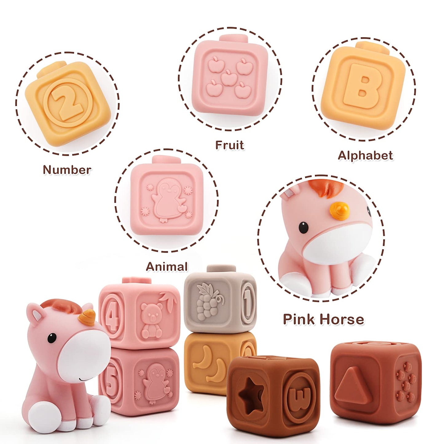 Nueplay 7 Pcs Soft Building Blocks, Sensory Stacking Squeeze Toys with Horse Figure, Newborn Essentials for 6 12 18 Months Baby
