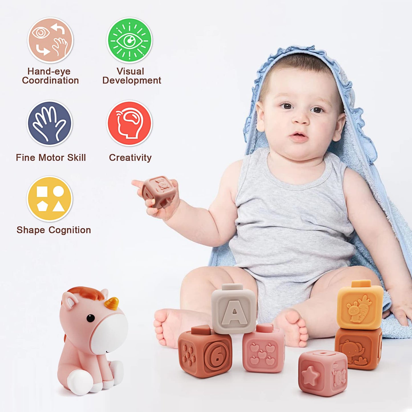 Nueplay 7 Pcs Soft Building Blocks, Sensory Stacking Squeeze Toys with Horse Figure, Newborn Essentials for 6 12 18 Months Baby