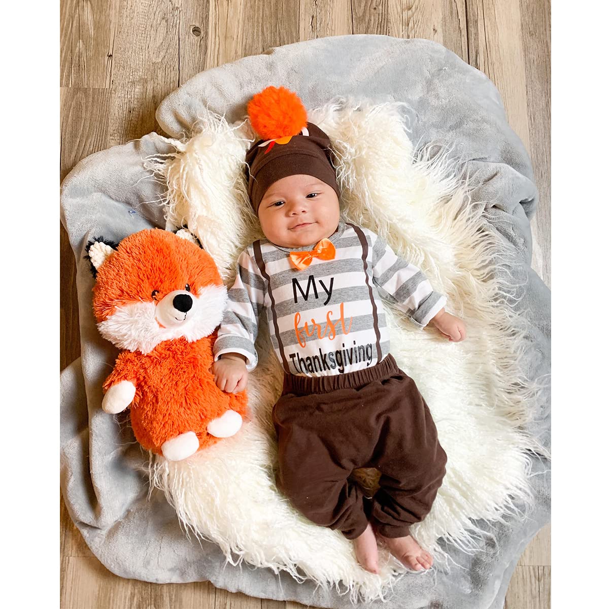 Detigee Baby Boy My 1St Thanksgiving Pant Set Newborn Turkey Bodysuit With Hat (Brown,0-3 Months)