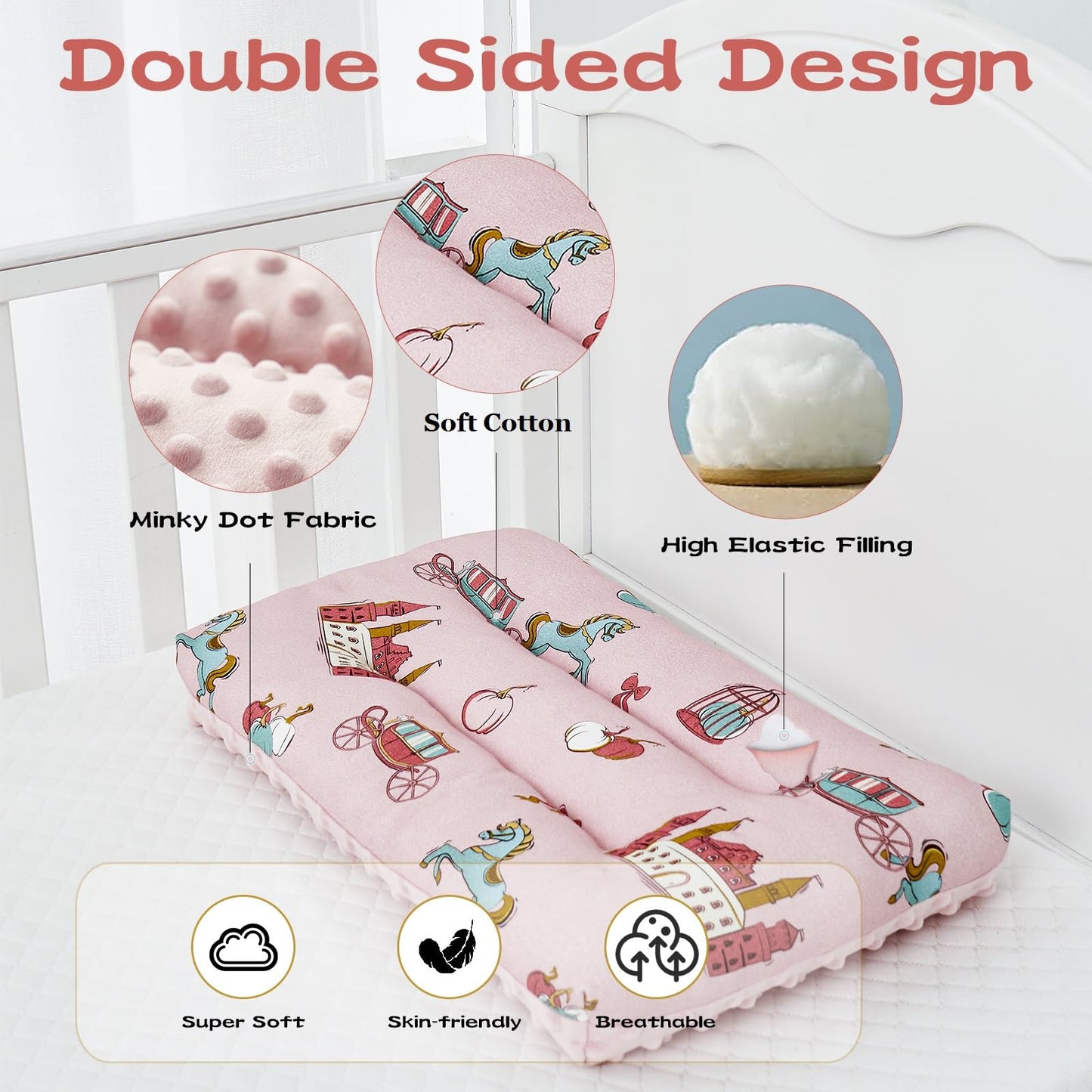 Reidio 1Pcs Toddler Pillow Double Sided Breathable Soft Cotton & Minky Dot Fabric Kids Pillow Cute Small Pillow Machine Washable