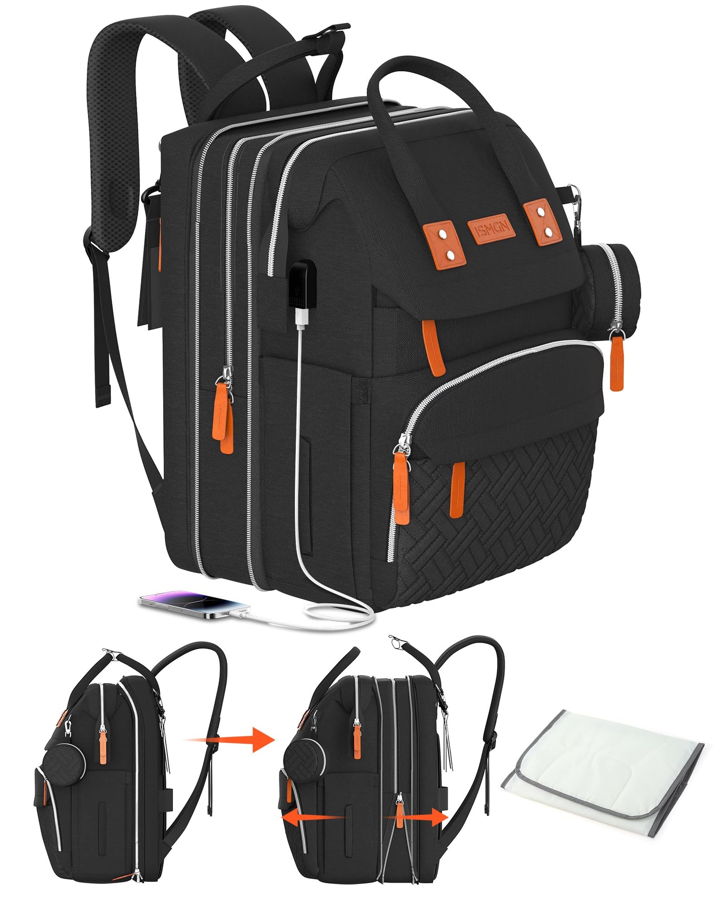 Ismgn Extra Large Diaper Bag Backpack, Multifunctional Diaper Bag, Expandable Diaper Bag, Ub Black