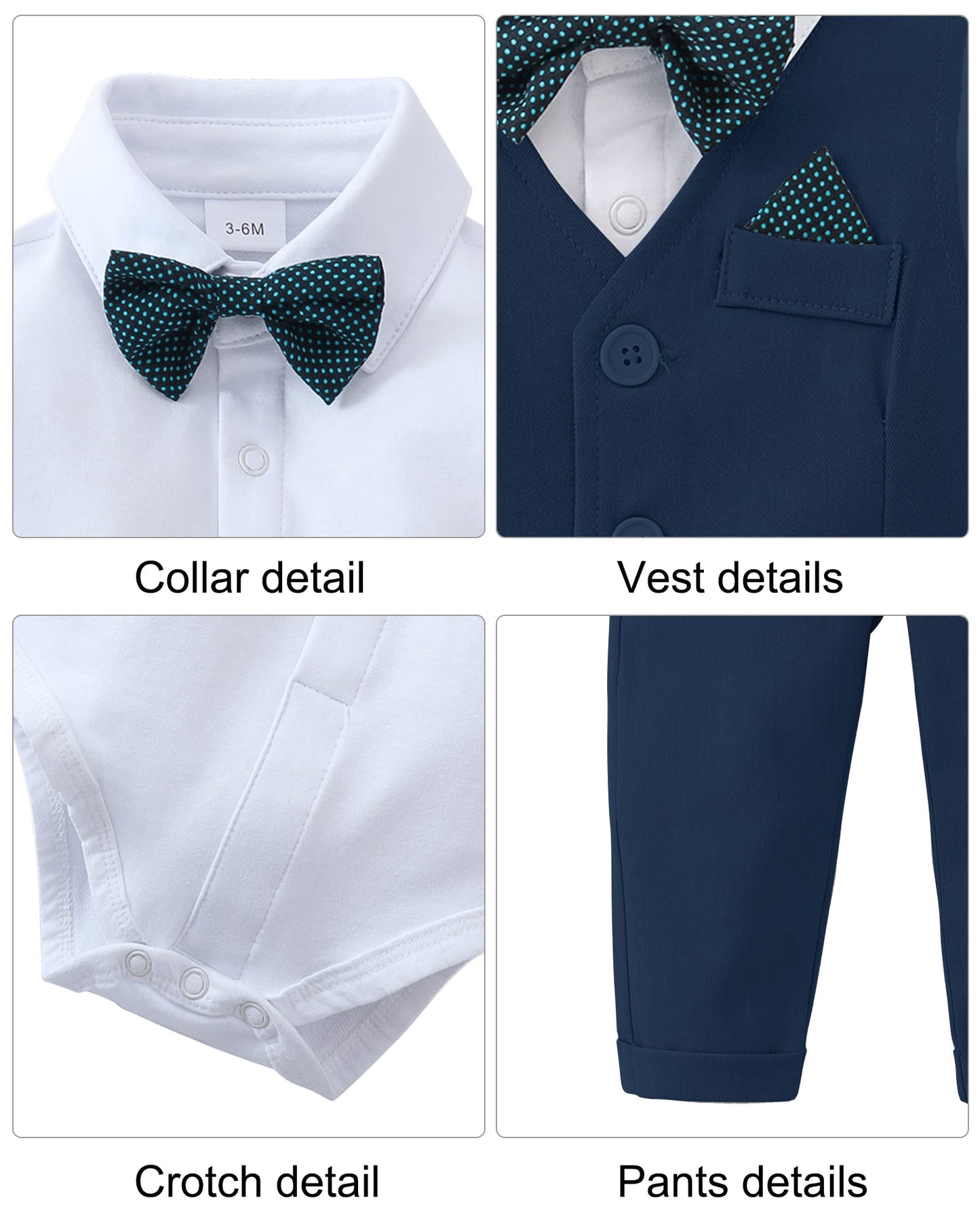 Disaur Baby Boy Clothes Toddler Boy Outfits, 4Pc Gentleman Dress Romper + Vest + Pants + Bow Tie Cotton Suit Set (Navy Blue,3-6