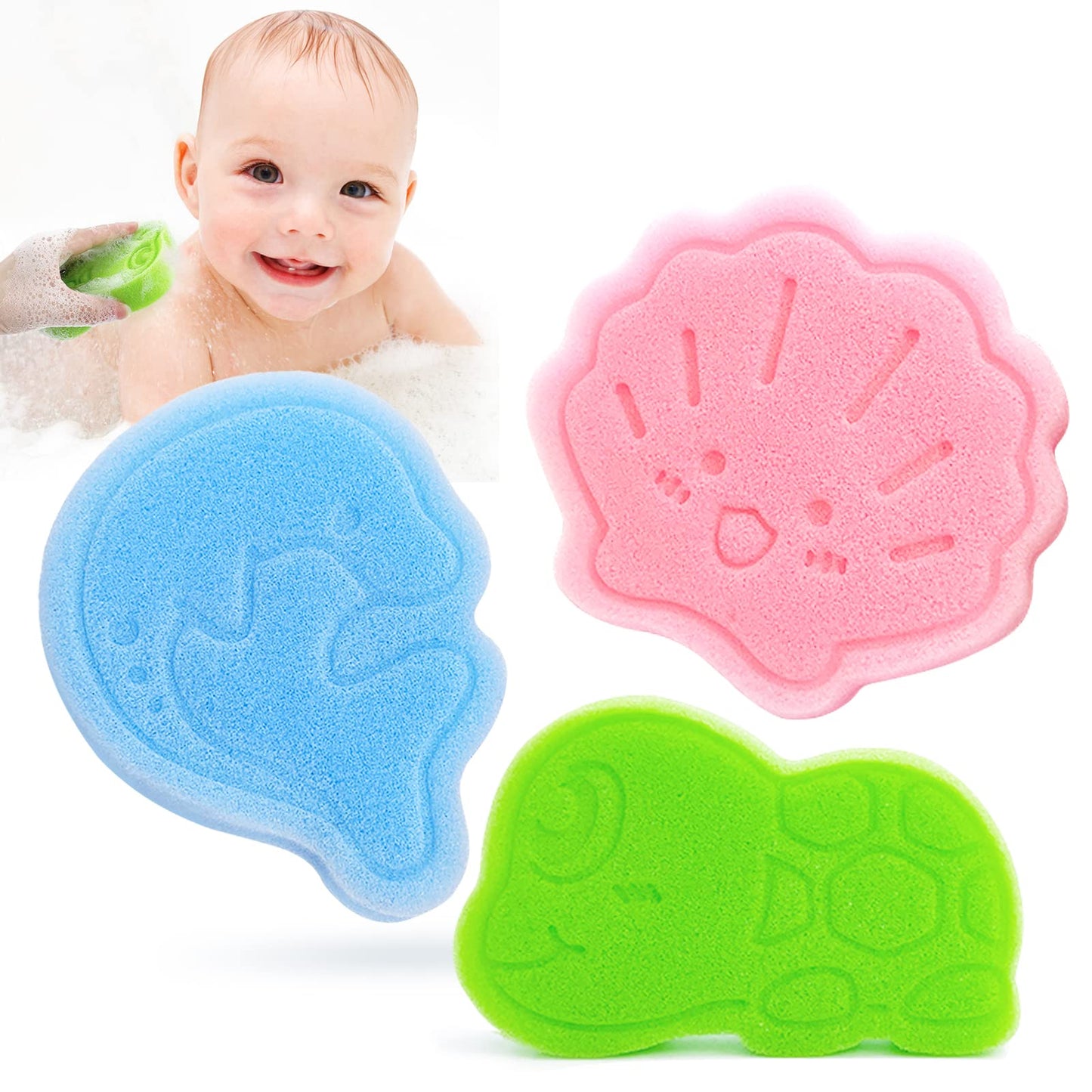 Dancelf Baby Bath Sponge, Natural Cute Shapes Soft Shower Sponges For Bathing, Bathtub Foam For Infants And Toddler, 3Pcs : Blue