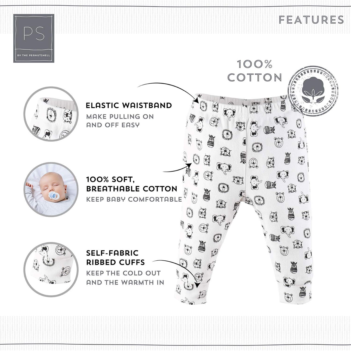 The Peanutshell Baby Pants Set, Newborn To 24 Month Sizes, Black, Grey, & Safari Animals (As1, Age, 18_Months)