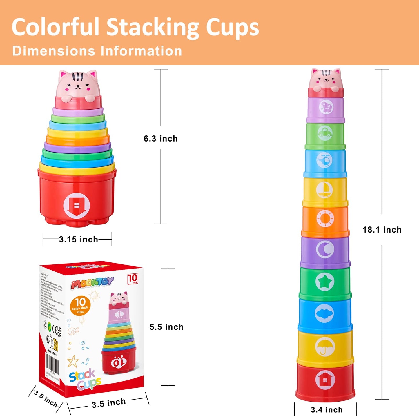 MOONTOY Stacking Cups Baby Toys 6 10 12 18 Months, Montessori Toys for 1 Year Old Toddler Learning Toys with Numbers Shapes Patt