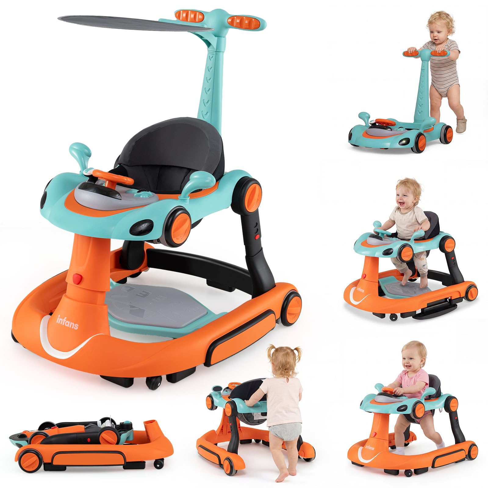 INFANS 6-in-1 Foldable Baby Walker, Converts Push Car to Bouncer, Rocker with Music, Lights, Adjustable Height & Speed, Activity