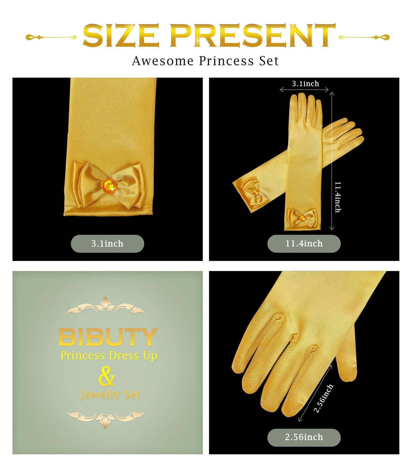 BIBUTY Princess Gloves for Little Girls Toddler Dress Up Gloves, Princess Dress Up Accessories Gold, Costume Set Toy Gift for 3
