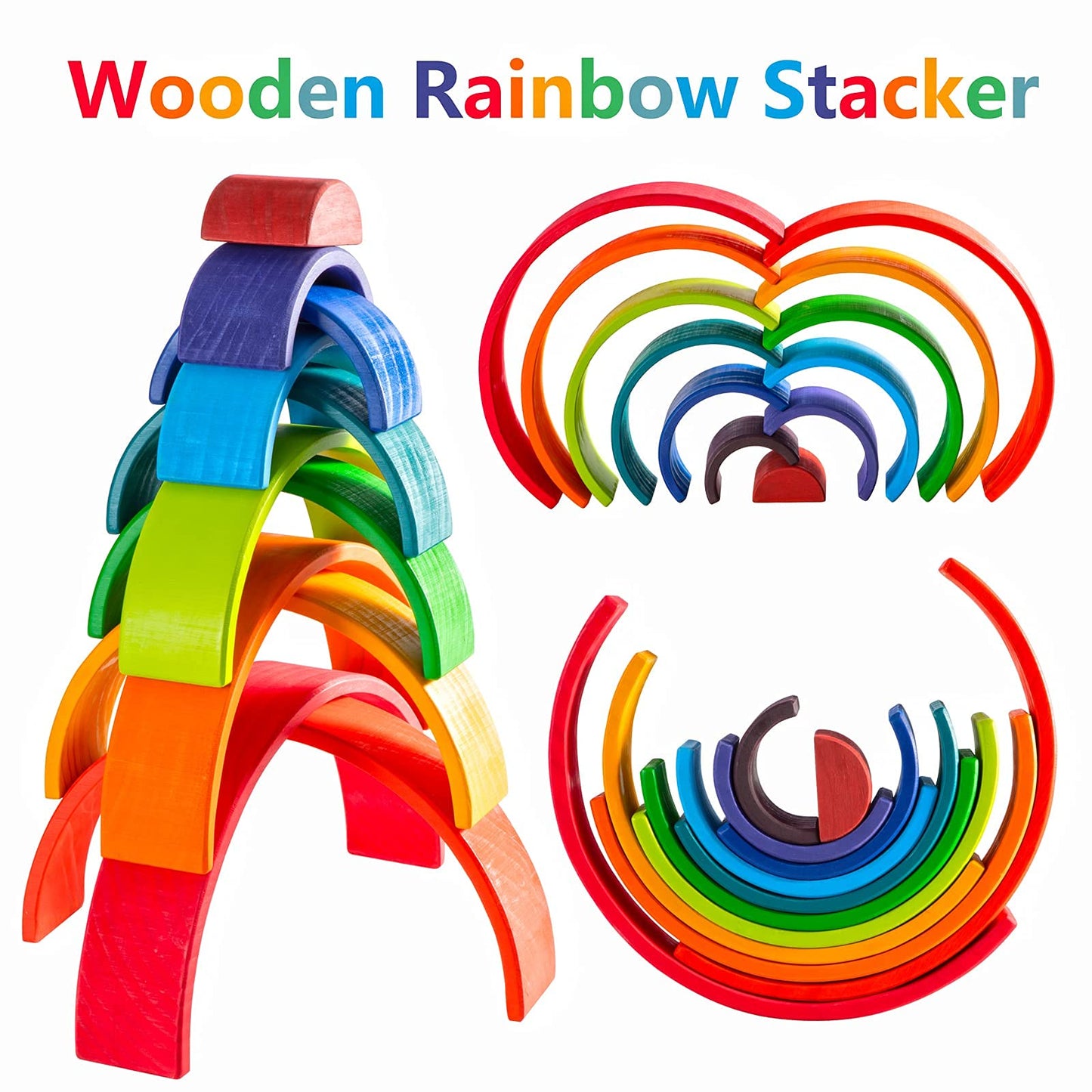 MERRYHEART Wooden Rainbow Stacking Toy, 12 Pcs Wood Building Blocks Set, Waldorf Toys for Toddlers, Matching Educational Learnin