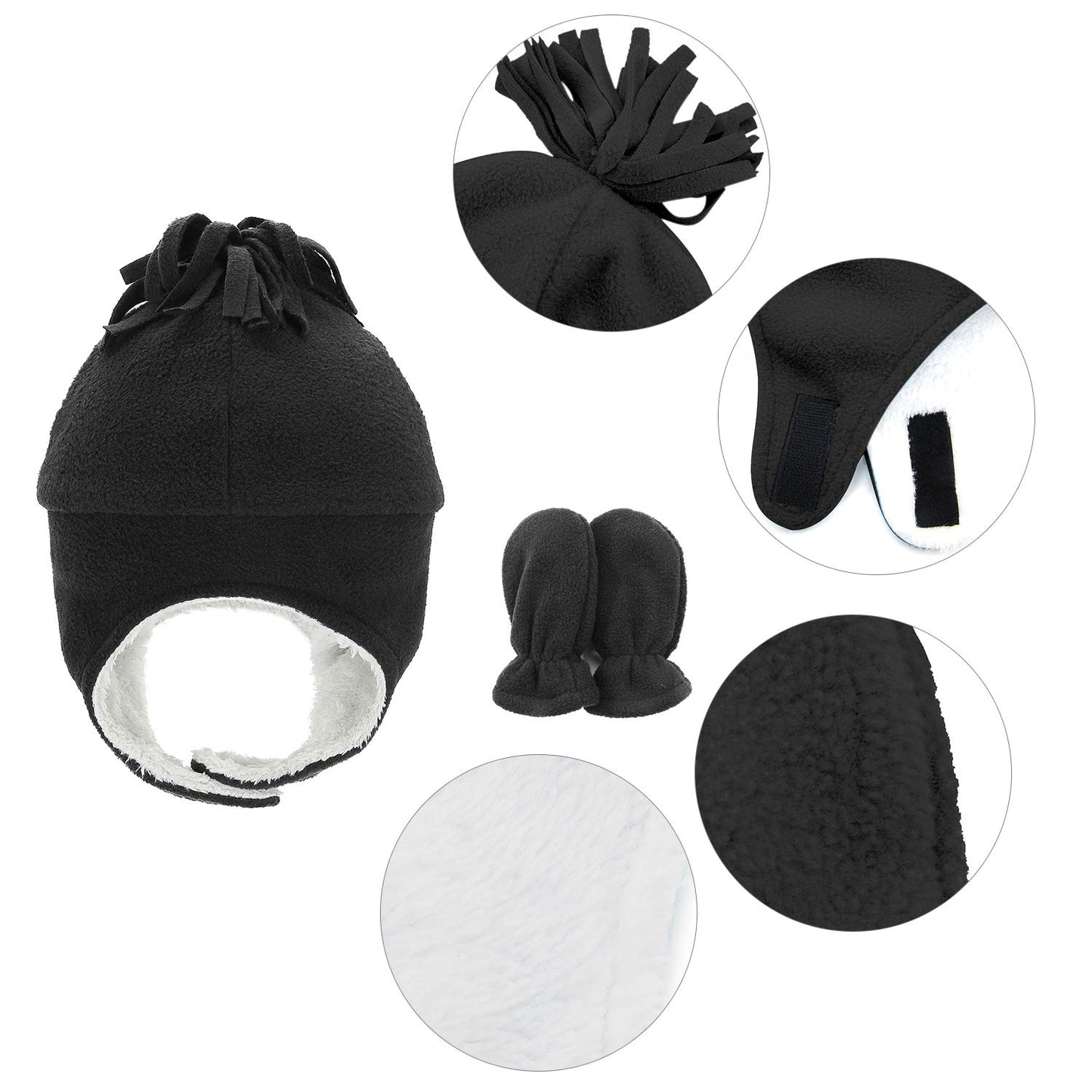 Century Star Baby Fleece Hat Warm Earflap Toddler Boys Winter Hat And Mitten Set 01 Black 3-12 Months