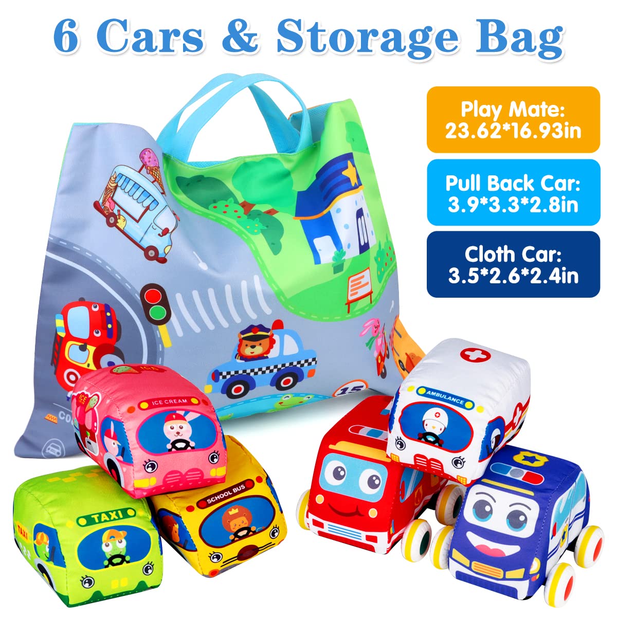 Baby Toys 6 to 12 Months - Soft Car Toys for 1 Year Old Boy Girl with Playmat Storage Bag - Infant Baby Toys 12-18 Months Toddle