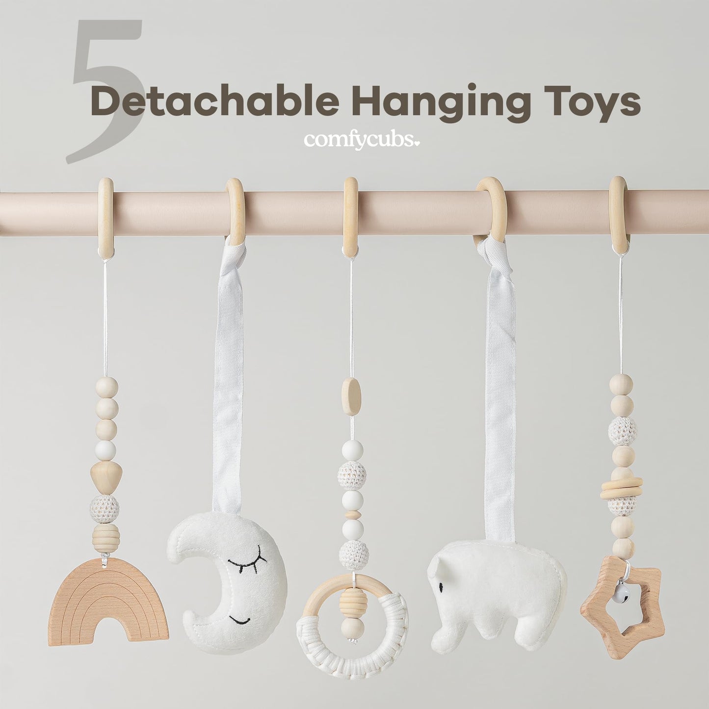 Comfy Cubs Wooden Baby Play Gym - Natural Finish Pinewood Baby Activity Gym With 5 Sensory Hanging Toys - Easy No-Tool Assembly,