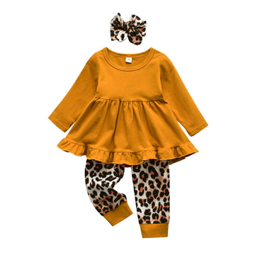 Kulcerry Toddler Baby Girl Clothes Solid Color Long Sleeve Ruffle Tops Leopard Pants Headband Outfits Set (2-3T, Brown