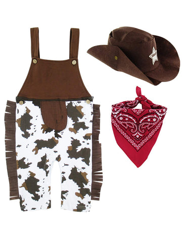 A&J Design Halloween Baby Boys' Western Cowboy Romper Sets With Scarf And Hat (6-12 Months, Brown)