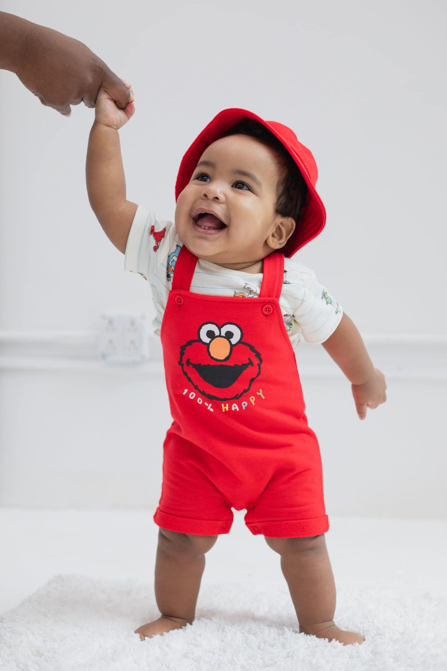 Sesame Street Elmo Toddler Boys French Terry Short Overalls T-Shirt And Hat 3 Piece Outfit Set Red/White 3T