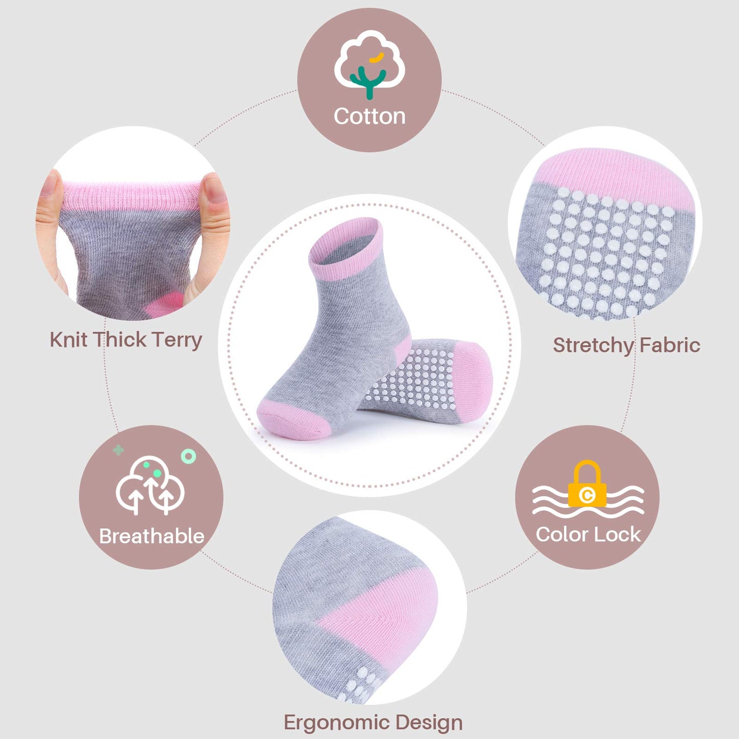 Jakidar 12 Pairs Baby Socks Cotton Crew Toddler Socks Grips Non Slip Bottom Kids Socks, Pink 2-4T
