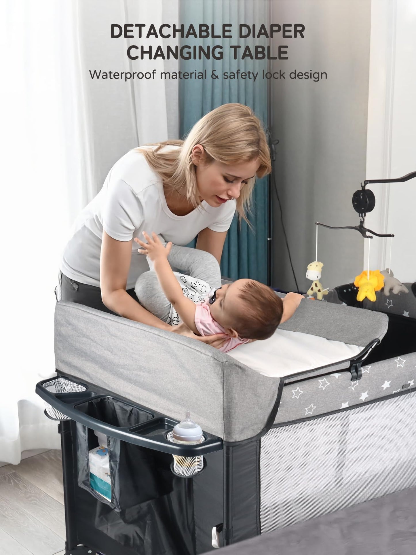 Biusikan Bedside Bassinet For Baby, Baby Crib With Mosquito Net, Mattress, Diaper Changer, Baby Playpen For Newborn To Toddles,