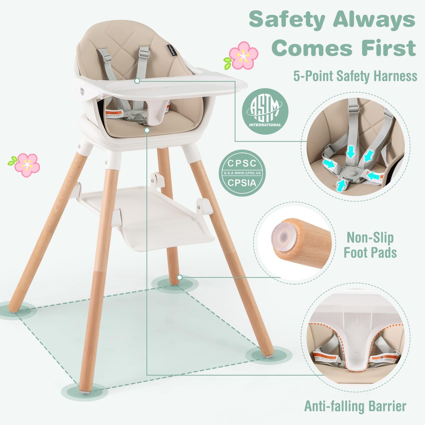 Baby Joy High Chair, 6 In 1 Convertible Wooden Highchair For Babies & Toddlers With Adjustable Legs, Double Removable Tray, Safe