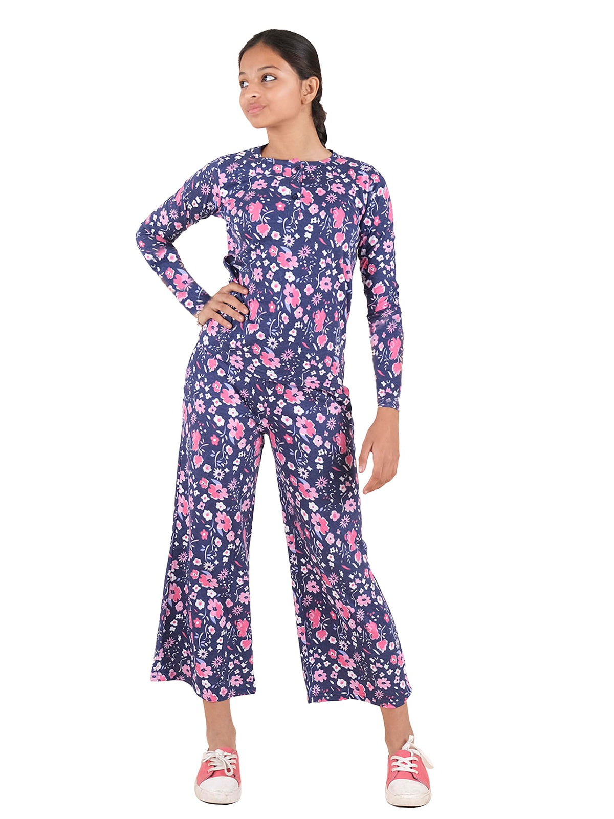 KiddoPanti Girls Cotton Floral Printed Henley Neck Tee with Pajama Pant Night Set, Navy  68Y