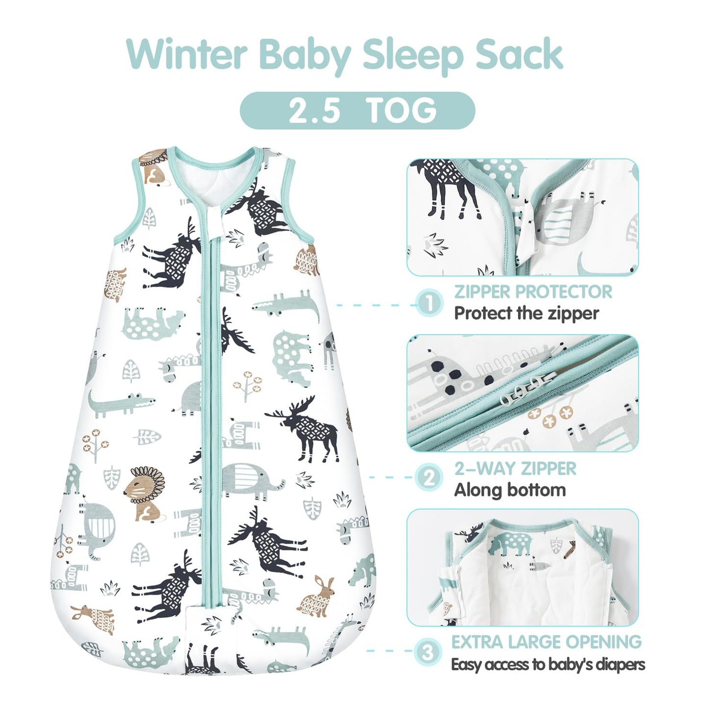 Mosebears Sleep Sack Baby Winter Wearable Blanket with 2-Way Zipper,2.5 TOG Cotton Sleep Sack Unisex (Deer, 6-12 Months)