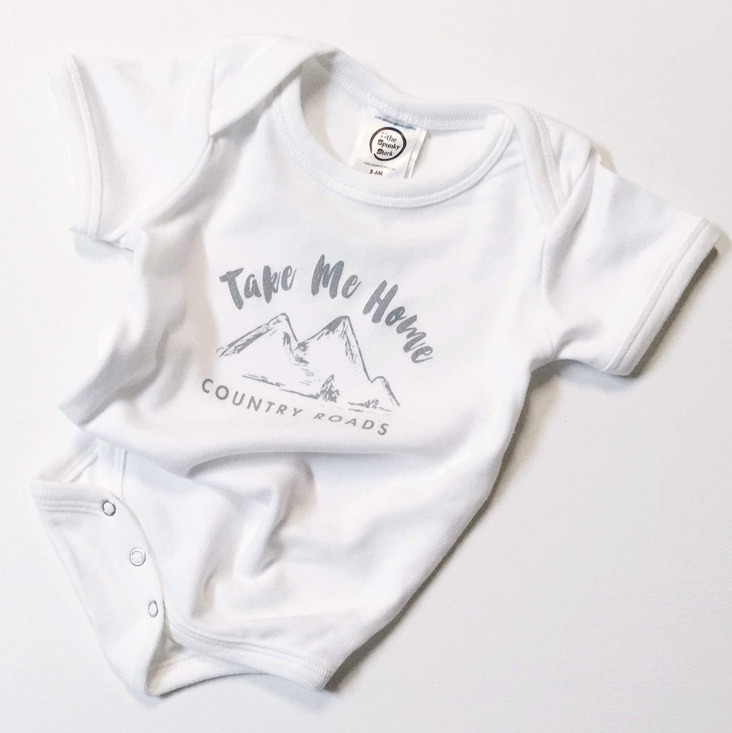 The Spunky Stork Take Me Home Country Roads Organic Cotton Baby Bodysuit (12-18M) White