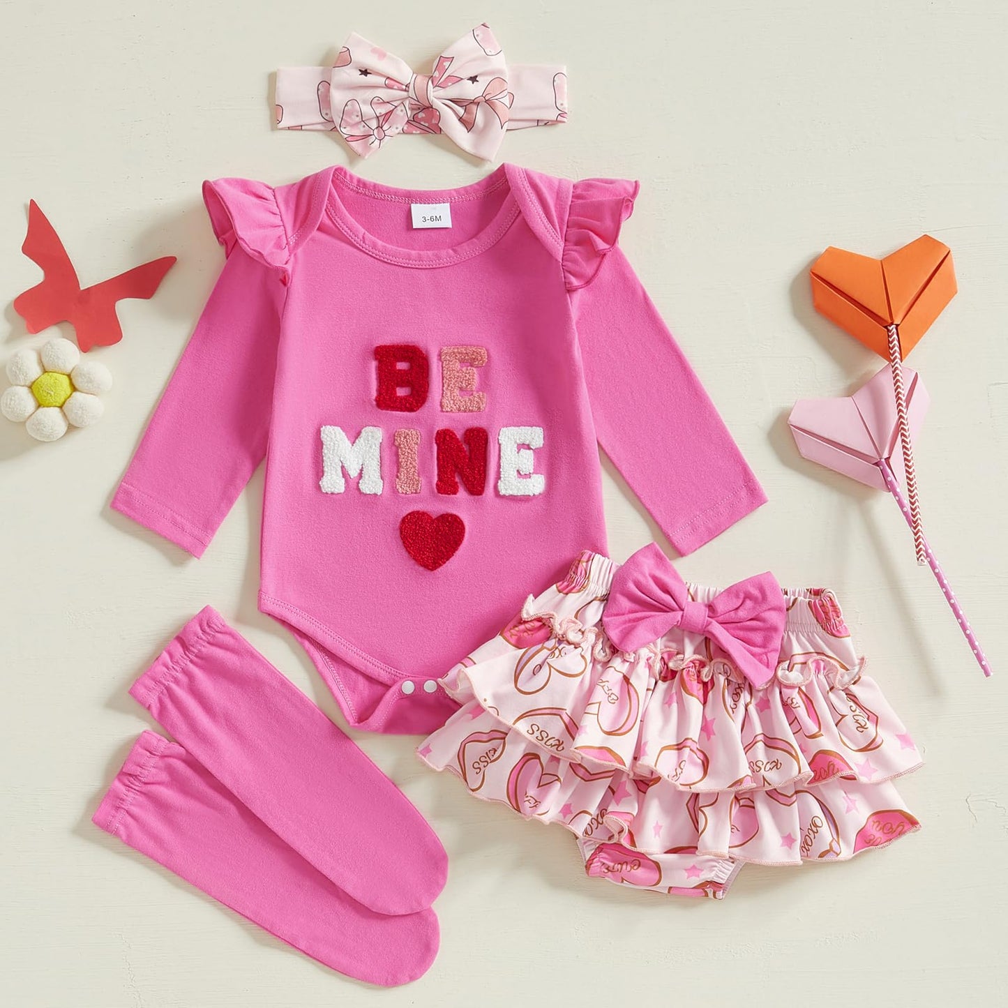 Fybitbo First Valentines Day Baby Girl Outfit Heart Letter Romper Ruffle Tutu Skirt Dress Newborn Infant Girl Clothes Set (Hot P