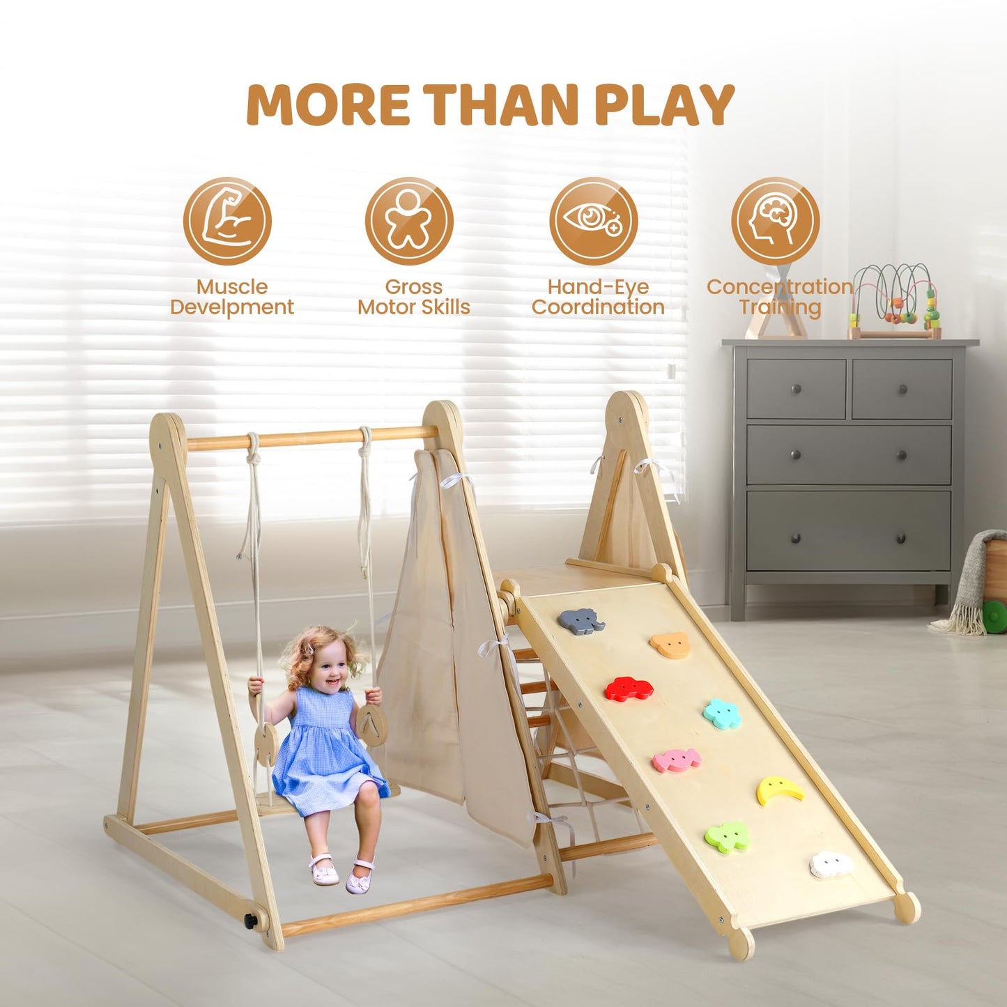 Joymor 7-In-1 Indoor Jungle Gym Foldable Climbing Set With Adjustable Swing & Secret Base Playground, Wooden Indoor Climbing Toy