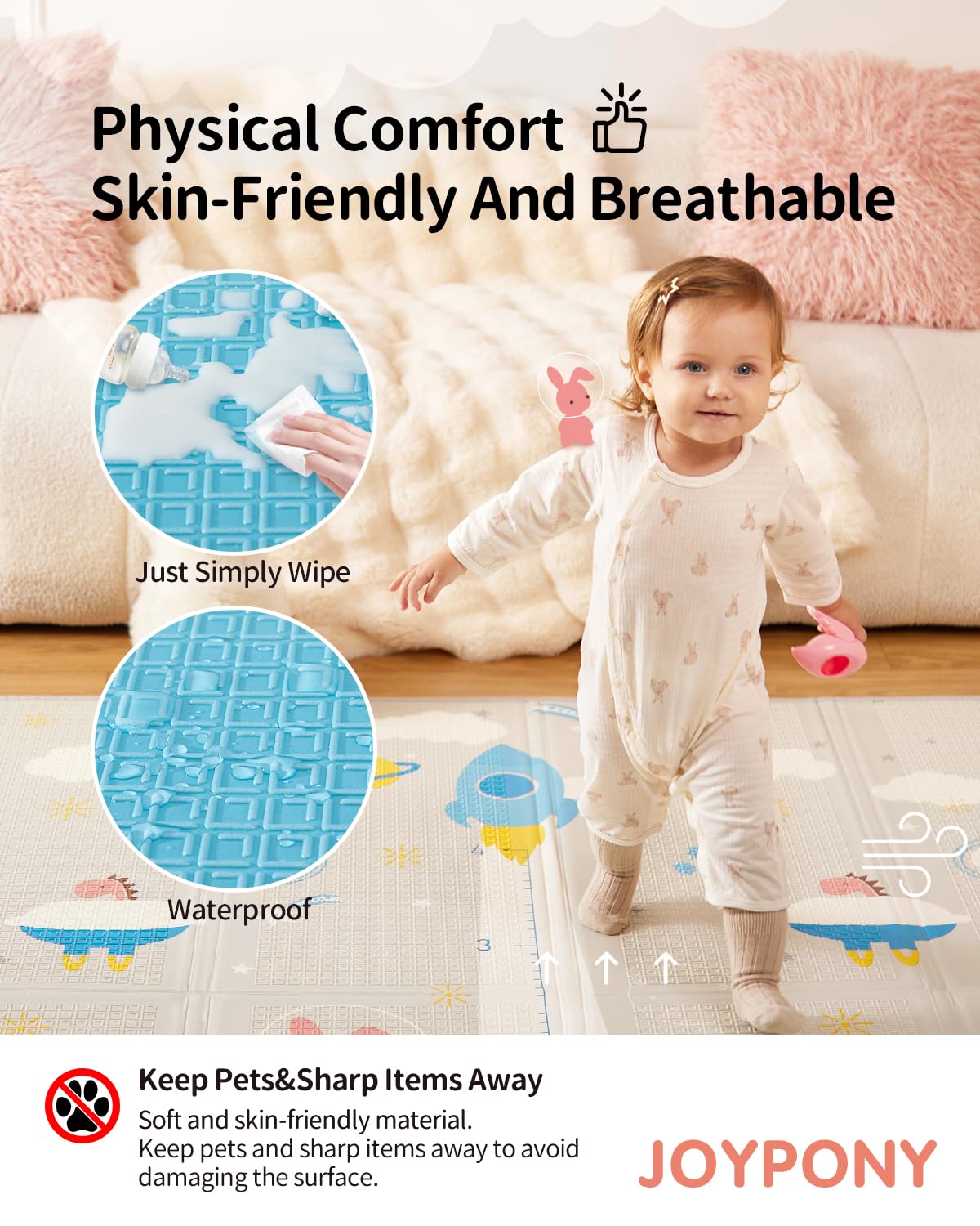 Joypony Baby Play Mat 79X71X0.6 Inches, Fabric Cloth Surface Extra Large & Thick Foldable Play Mats For Baby Girls Boys, Waterpr