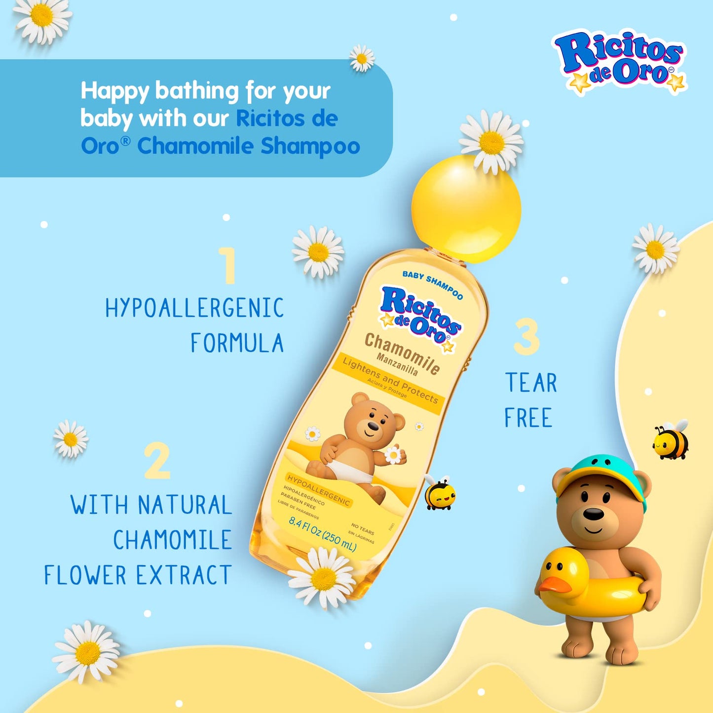 Ricitos De Oro Chamomile Manzanilla, Baby Shampoo, Hypoallergenic, 3 Pack, 8.4 Fl Oz Bottles