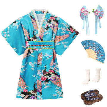 Cutey May Japanese Traditional Dress For Girls Costume Kimono For Kids Set (Aqua, 8-9Years(140Cm))