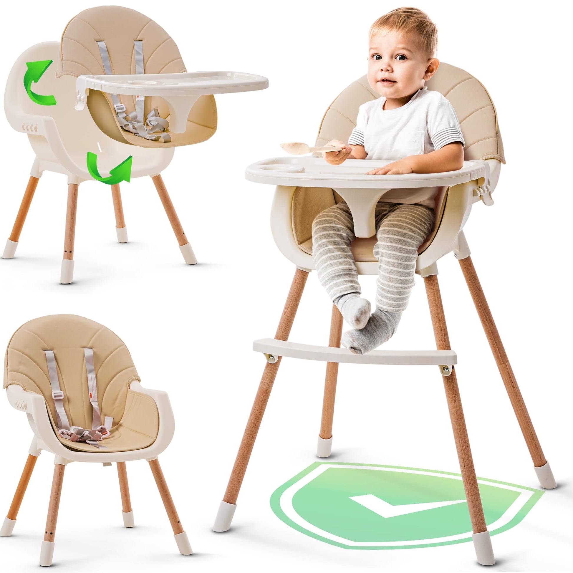3-in-1 High Chair for Babies and Toddlers - Convertible Wooden Baby Highchair for Eating with Safety Belt, Foldable Baby Feeding
