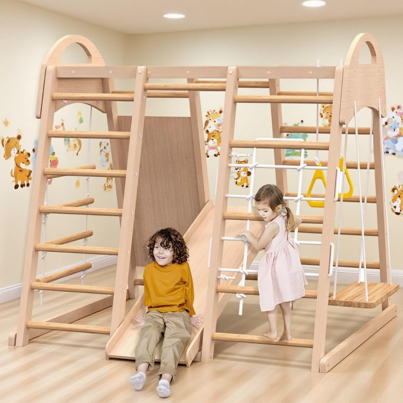 Indoor Playground, Wooden Indoor Jungle Gym for Kids, Toddler Climbing Toys with Stair Slide Swing Set Monkey Bars, Gym Equipmen