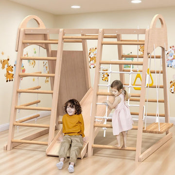 Indoor Playground, Wooden Indoor Jungle Gym for Kids, Toddler Climbing Toys with Stair Slide Swing Set Monkey Bars, Gym Equipmen