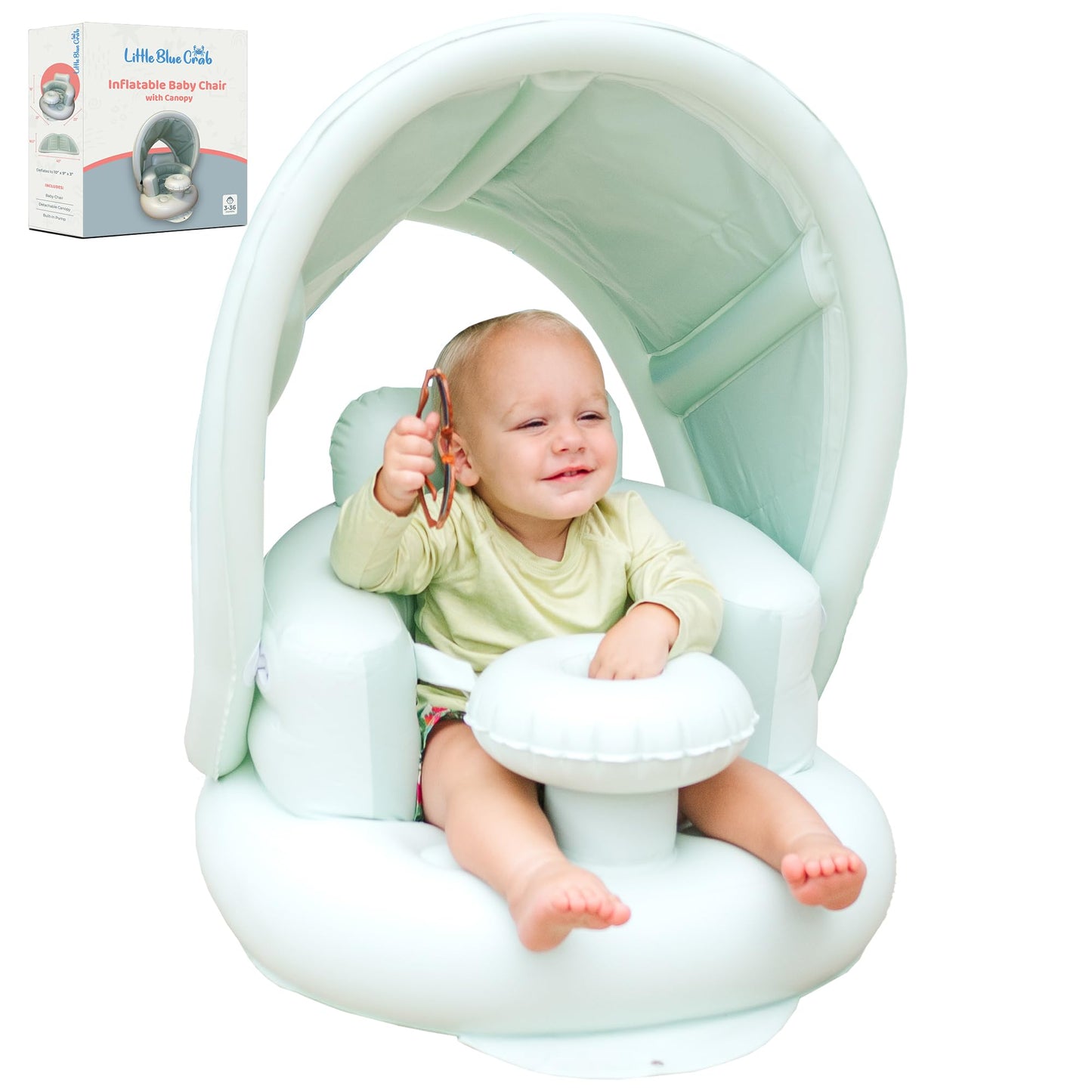 Inflatable Baby Seat For 3-36 Months W/Built-In Pump & Detachable Canopy, Sit Me Up Floor Seat For Baby W/Safety Straps, Inflata