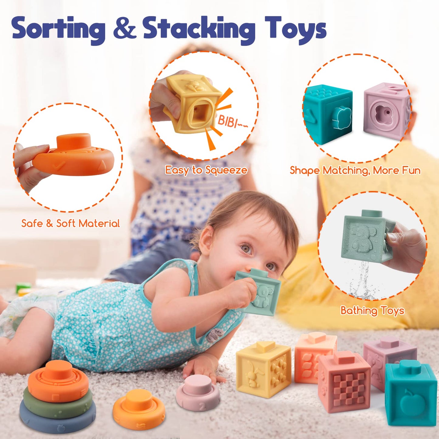 Wuzhineisn Montessori Baby Toys for Ages 6-18 Months - Pull String Teether, Stacking Blocks, Sensory Shapes Storage Bin, Infant