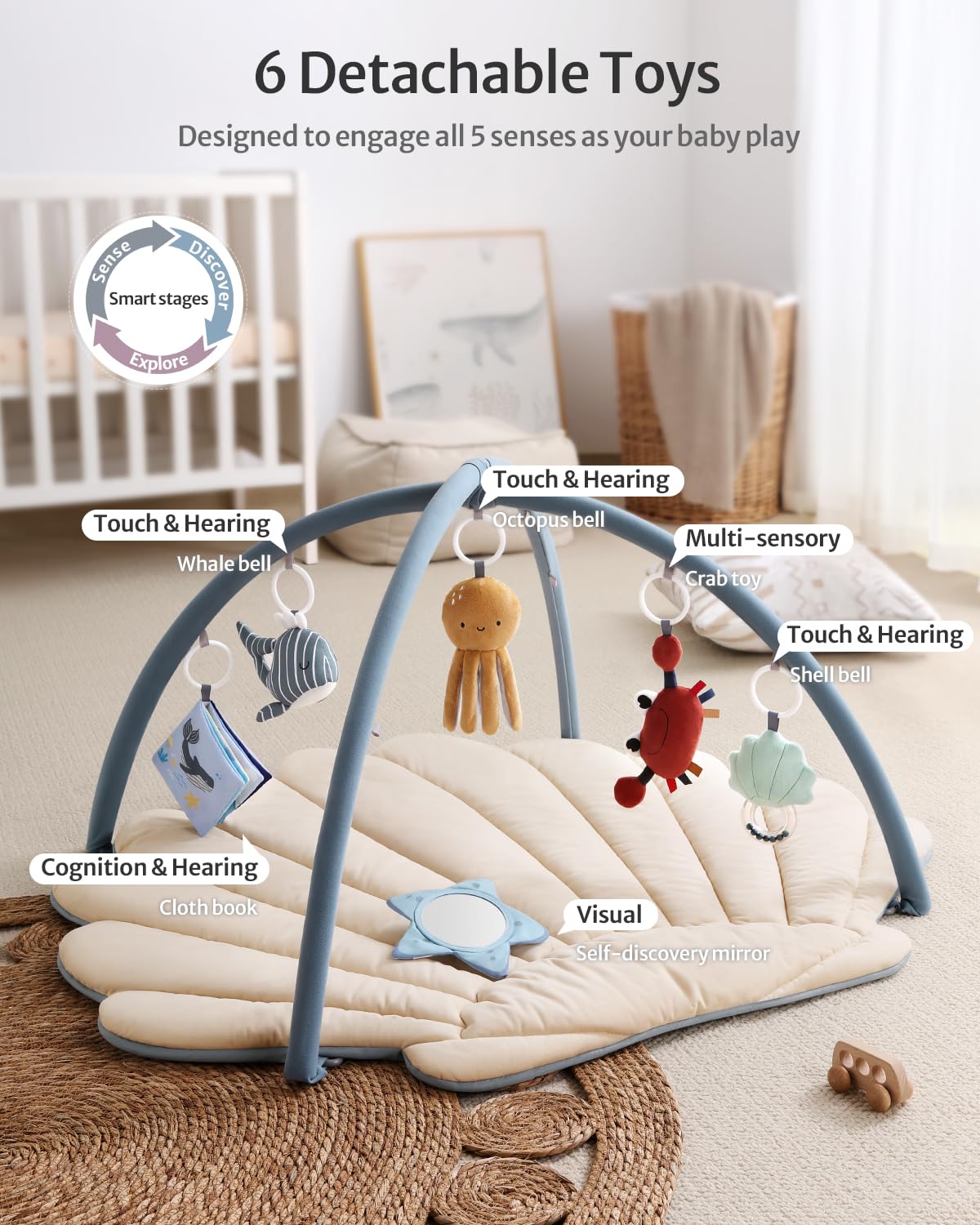 Blissful Diary Shell Baby Play Gym Mat, Softer & Enlarged Tummy Time Mat W 6 Detachable Toys For Sensory & Motor Skill Developme