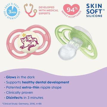 Mam Perfect Night Baby Pacifier, Patented Nipple, Glows In The Dark, 6-16 Months, Girl, 2 Count (Pack Of 1)