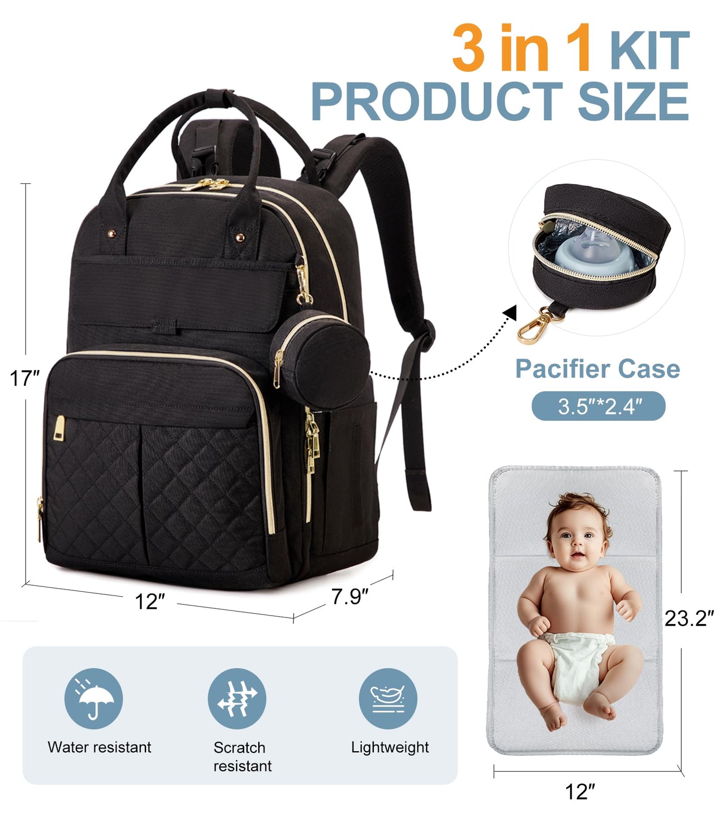 Moonbaby Diaper Bag Backpack, Baby Diaper Bags With Portable Changing Pad And Pacifier Case, Multifunctional Travel Diaper Backp