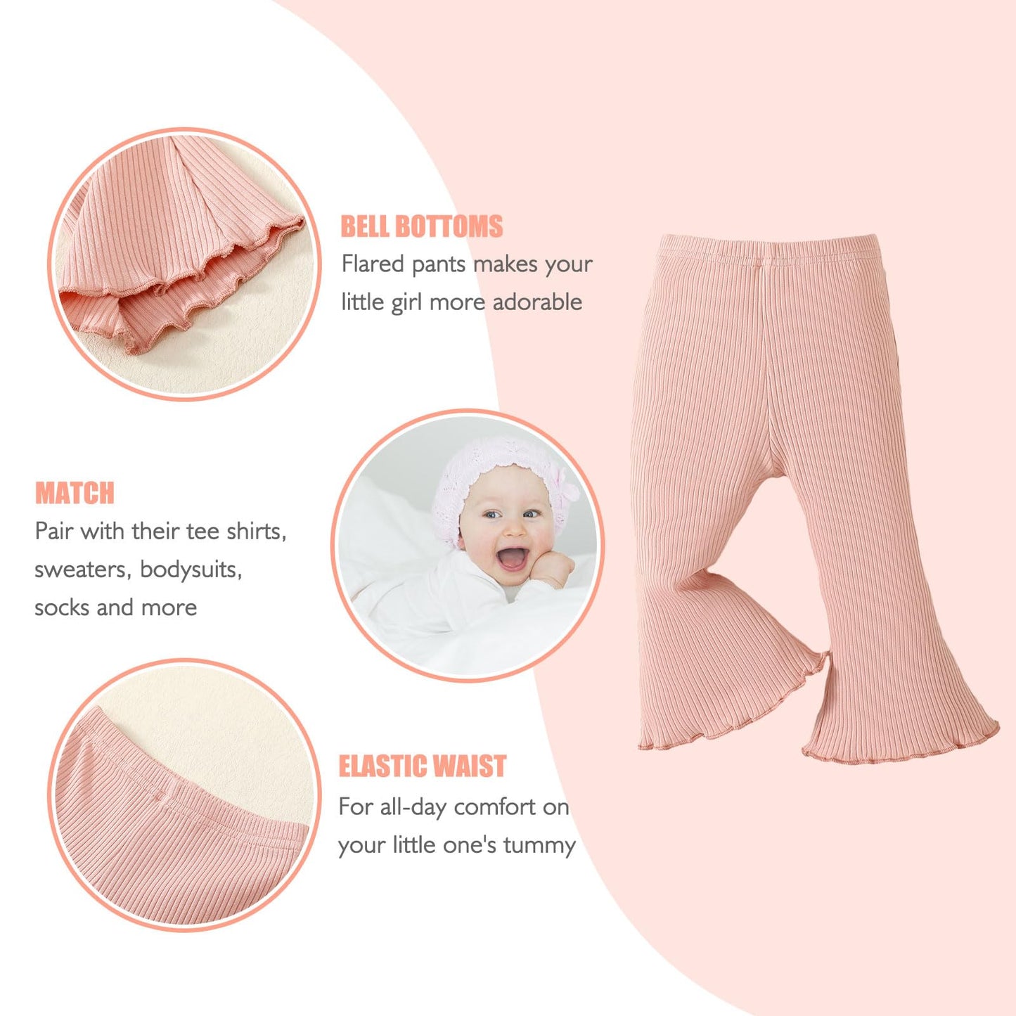 Sobowo Pants For Toddler Girls 2T-3T Toddler Baby Girl Flare Pants 3 Pack Solid Ribbed Ruffle Bell Bottoms Pants Fall Outfits(Wh
