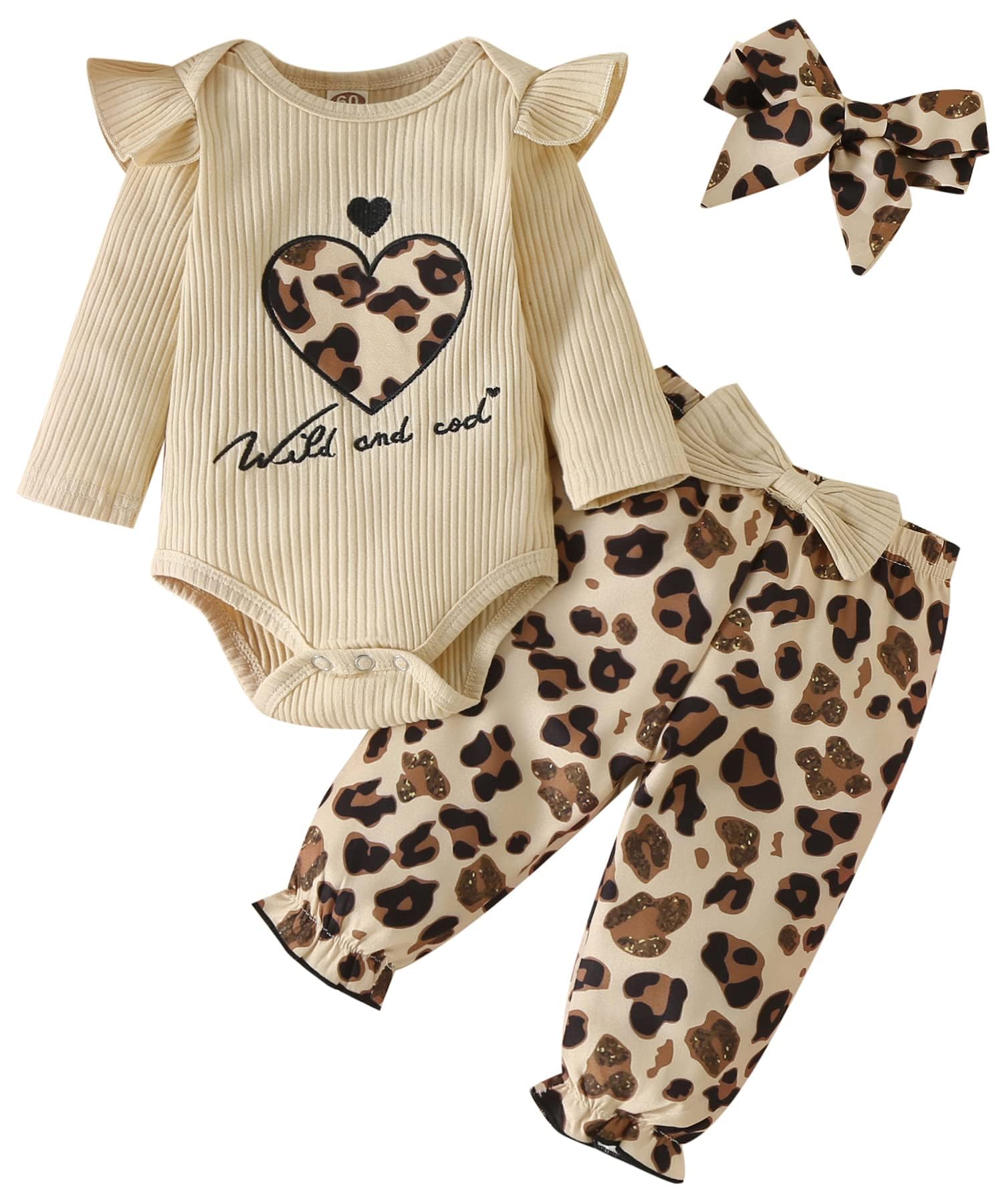Newborn Infant Baby Girl Clothes Fall Winter Outfits Long Sleeve Clothing Onesie Pant Set Gifts 18-24 Months Ecru Leopard
